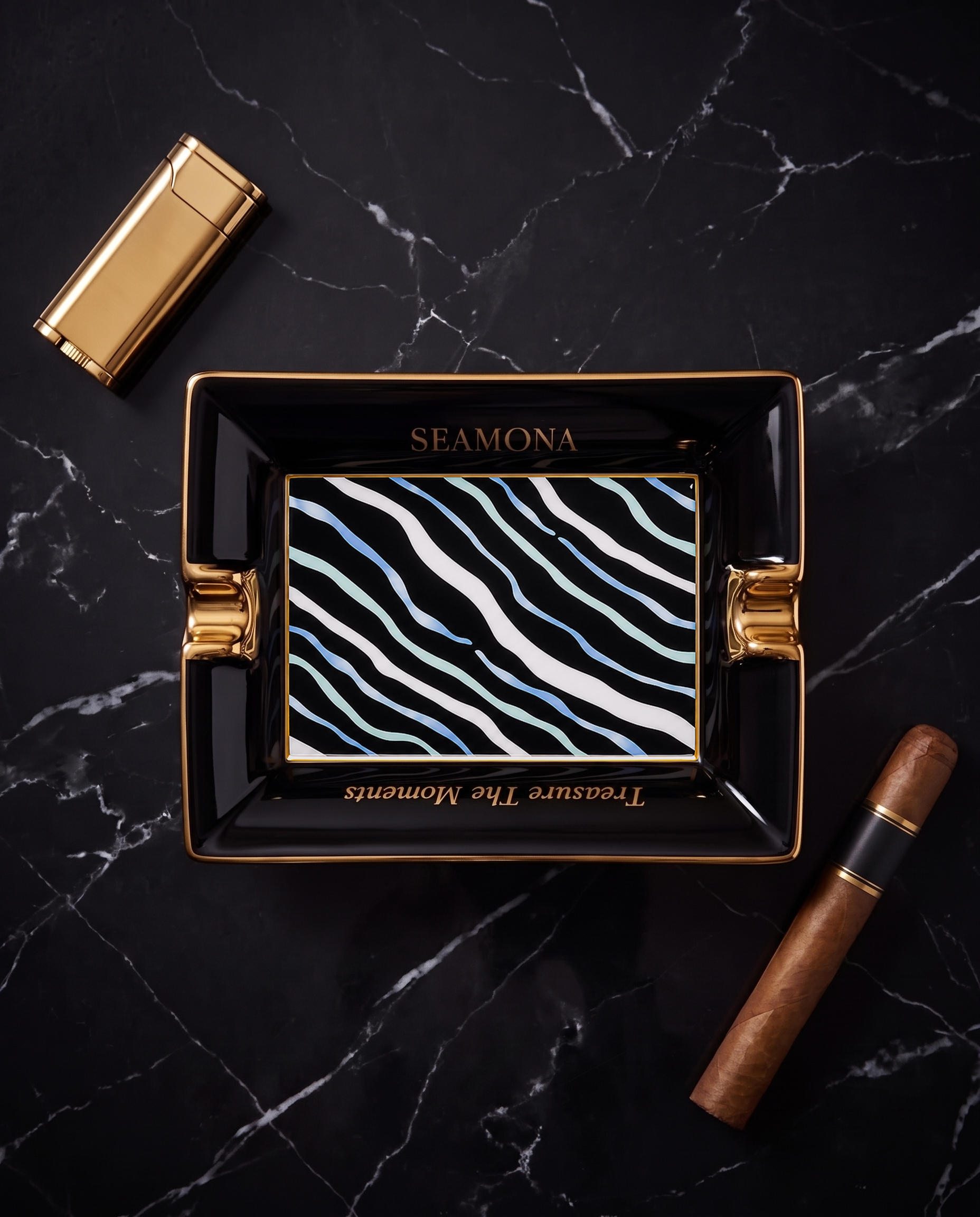 Angel black porcelain ashtray with wave motif, view 2