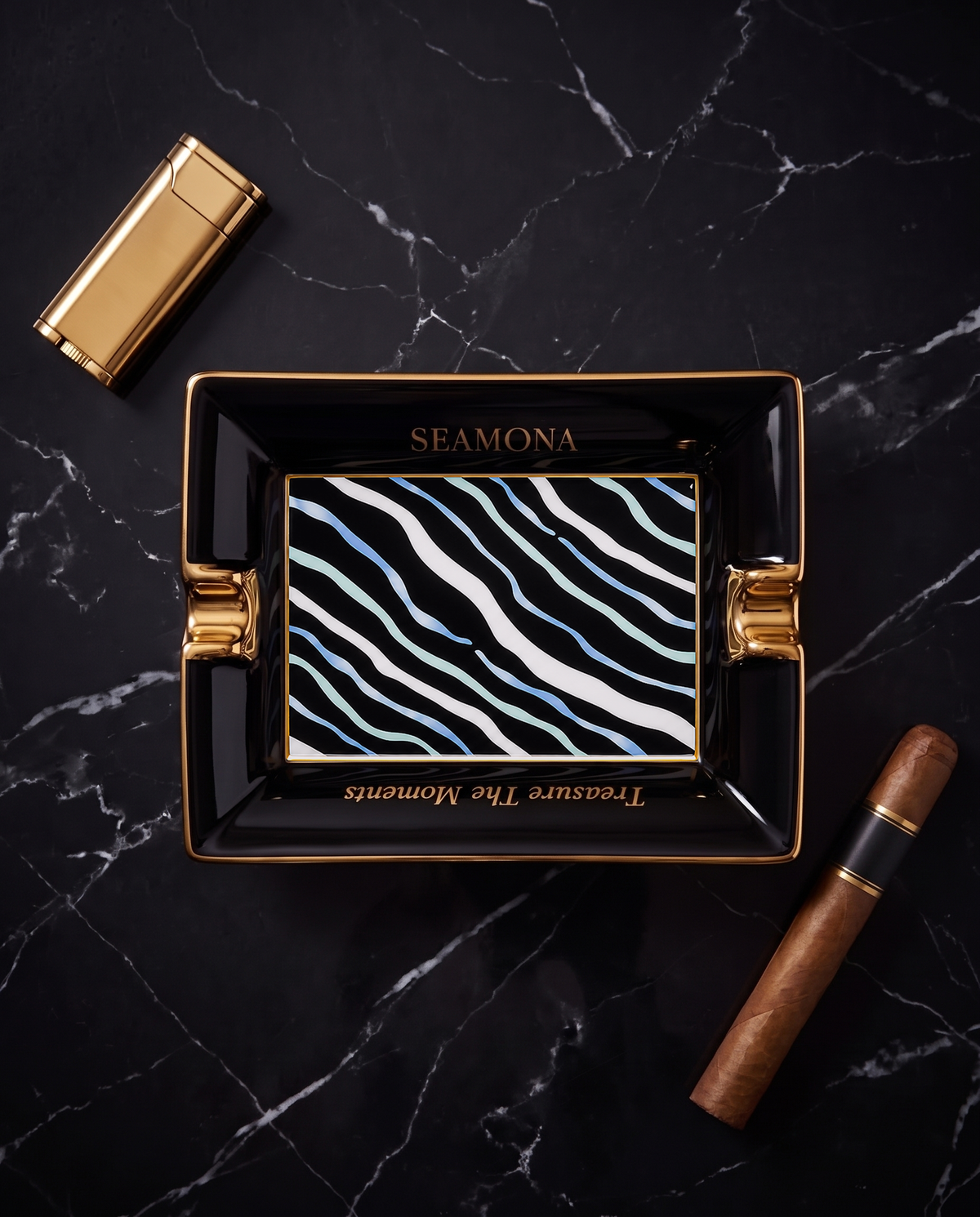 Angel black porcelain ashtray with wave motif, view 2